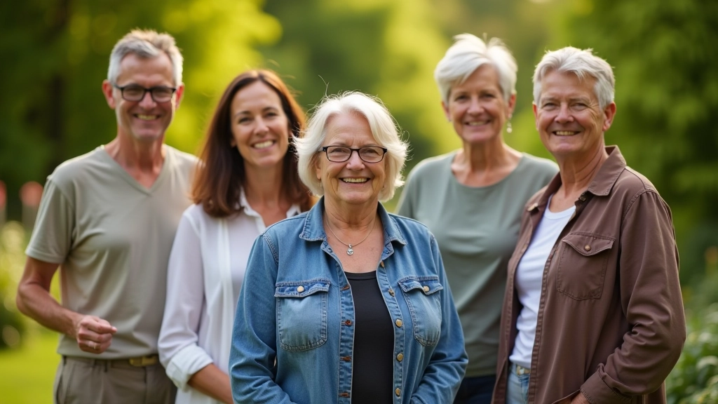 Diverse group of adults aged 45-65 volunteering together, collaborative moment, natural outdoor setting