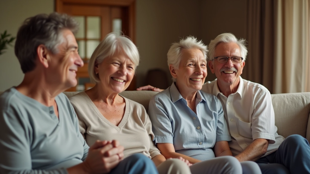 Family gathering with multiple generations seated together in warm living room, genuine smiling, comfortable relaxed body language showing authentic connection