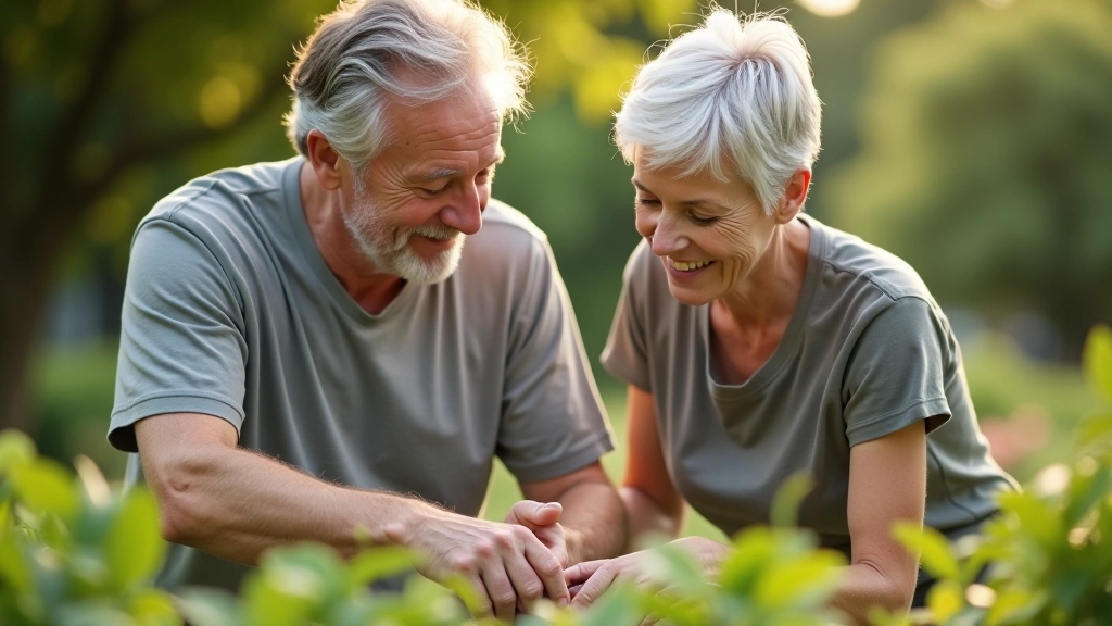 Two adults engaged in volunteer activity together, smiling, in community setting