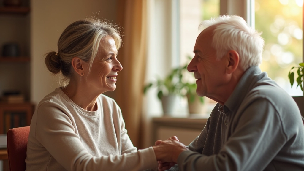 Adult woman in conversation with elderly parent, both sitting comfortably facing each other, focused body language suggesting engaged dialogue
