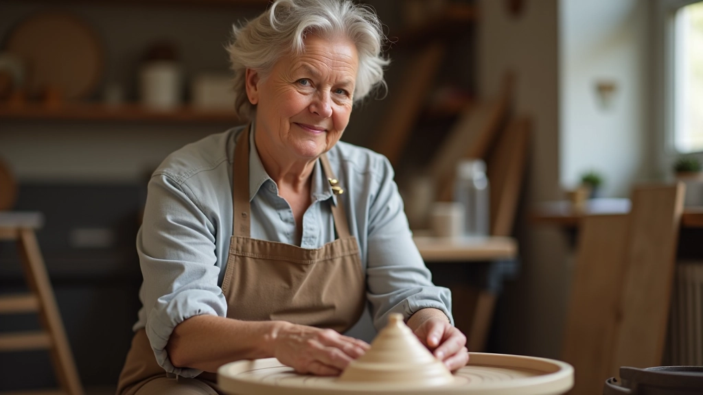 Person aged 50+ at pottery wheel with hands on clay, concentrating intently in studio workshop setting with natural light