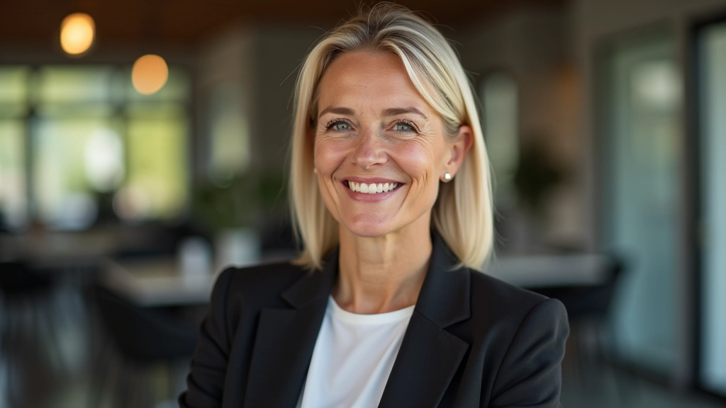 Woman aged 50 smiling, engaged in creative activity, natural lighting, warm background