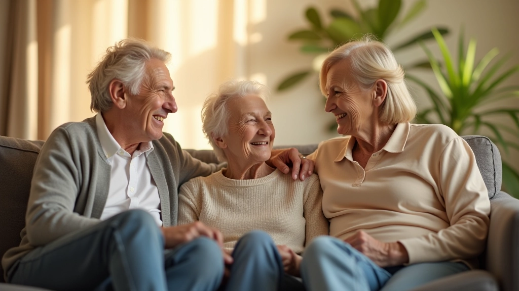 Three generations of family members sitting together in warm home setting, different ages showing natural progression of life stages
