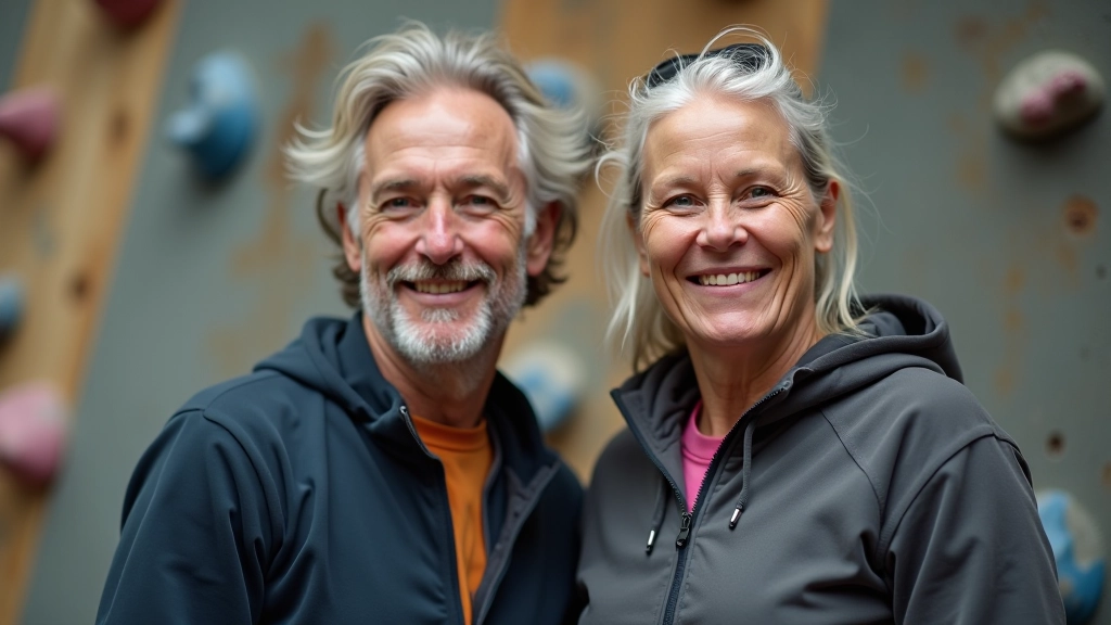 Two adults aged 50+ trying rock climbing together at indoor gym, both smiling and engaged with activity