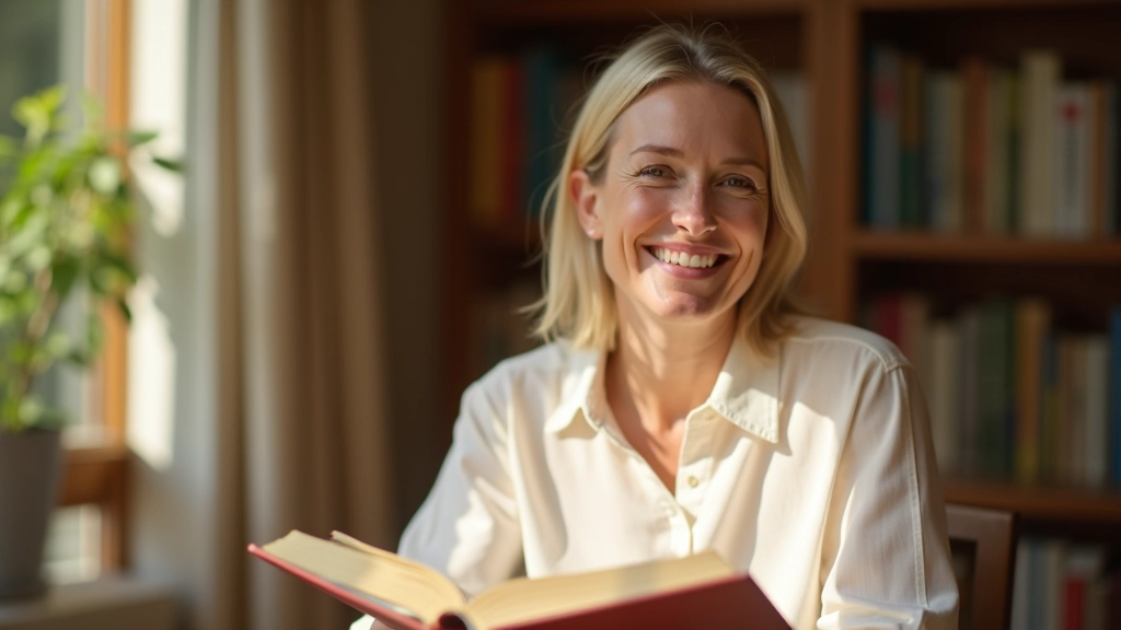 Mature woman smiling confidently while reading a book in bright natural light, seated comfortably