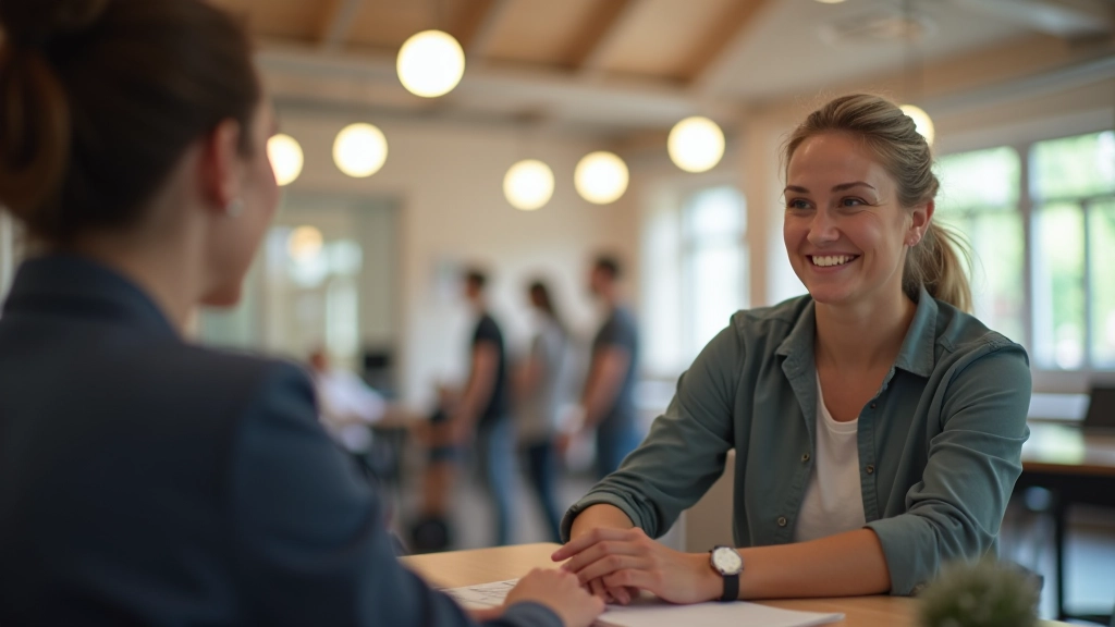Adult woman aged 50-55 at registration table for fitness class, friendly staff member, bright community center interior