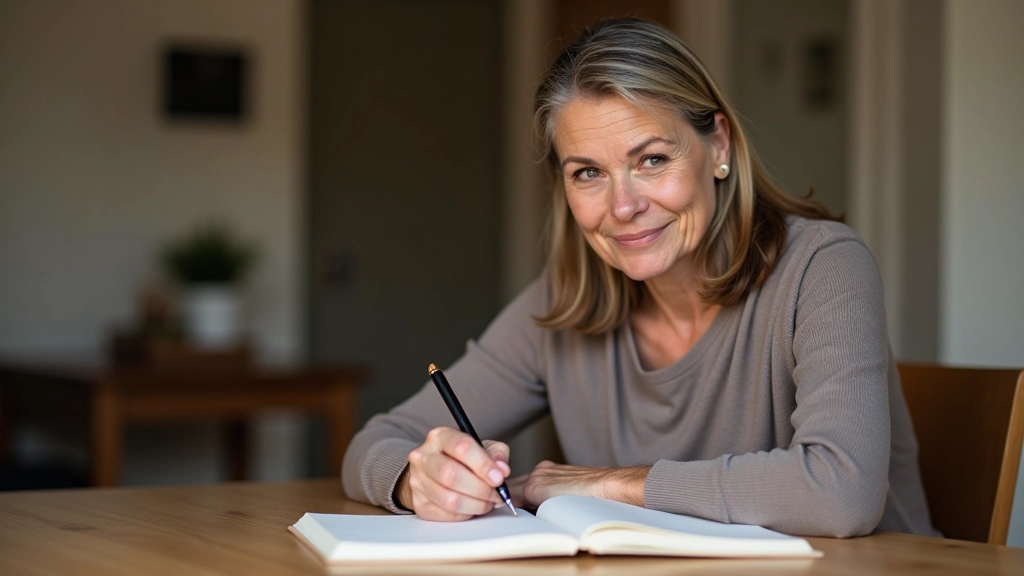 Adult woman journaling or writing notes at table, thoughtful expression, warm home environment suggesting reflection and personal growth work