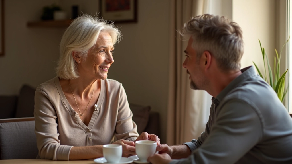 Woman aged 55 in conversation with adult child, warm moment, natural indoor setting, genuine connection